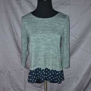 LOFT Heather Gray and Navy Polka Dot Blouse